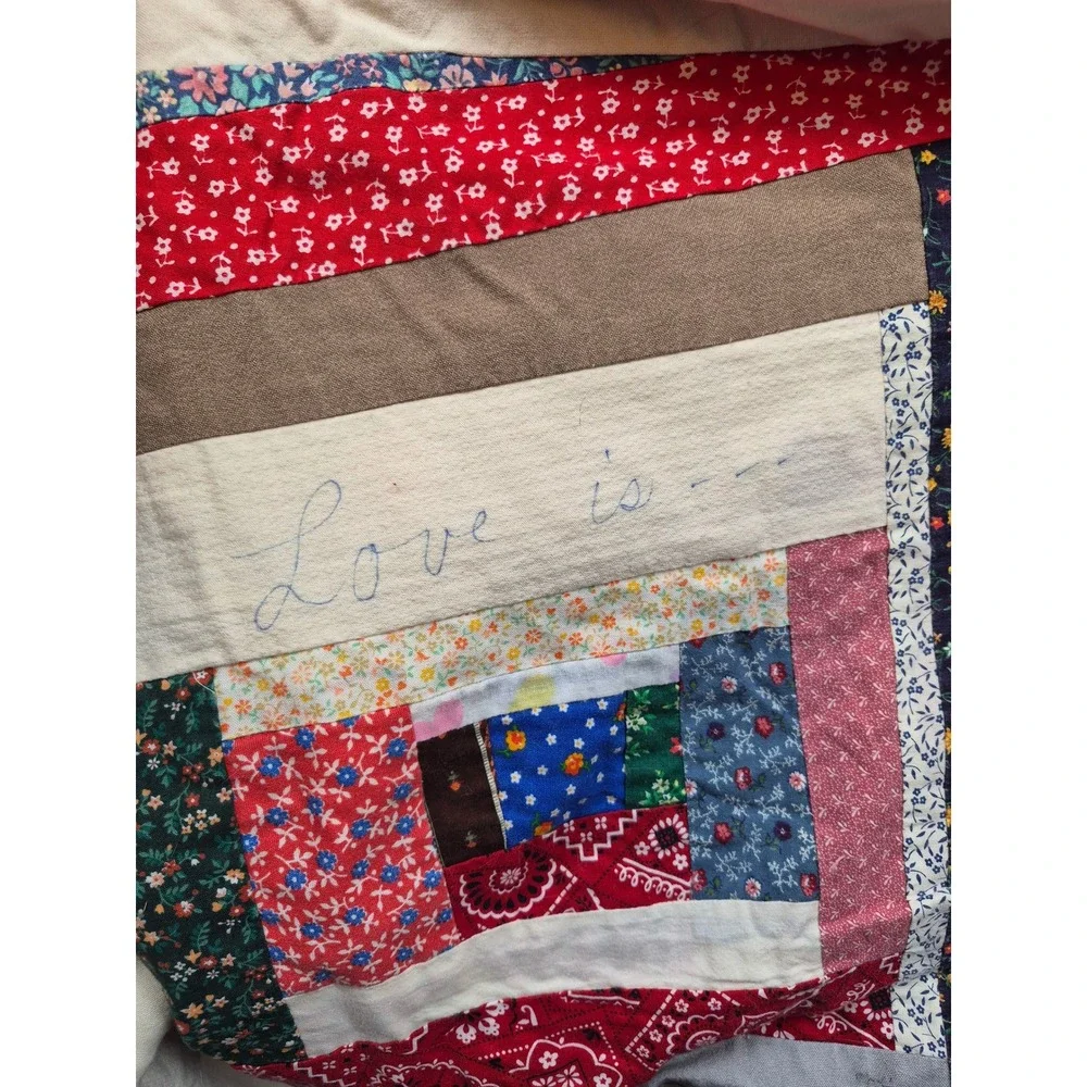Handmade Log Cabin Patchwork Quilt Folk Art Cabin Blanket Tattered Worn 84X87
